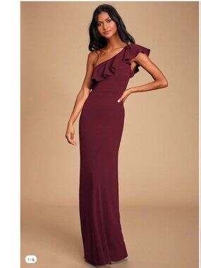 Lulus Last Forever Burgundy One Shoulder Ruffle Maxi Dress Small Burgundy Gown